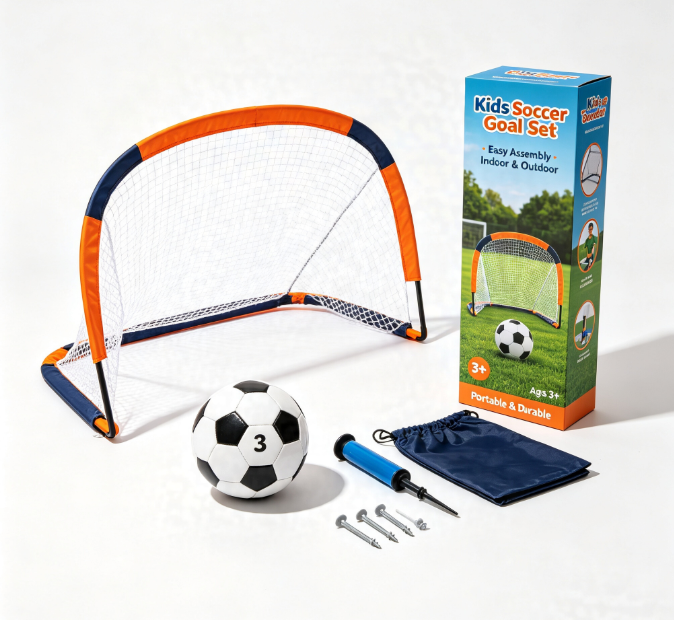 Portable Soccer Goal Training Set for Kids, Foldable Soccer Net with Ball, Pump & Carry Bag, Indoor Outdoor Sports Toy for Children Ages 3-10