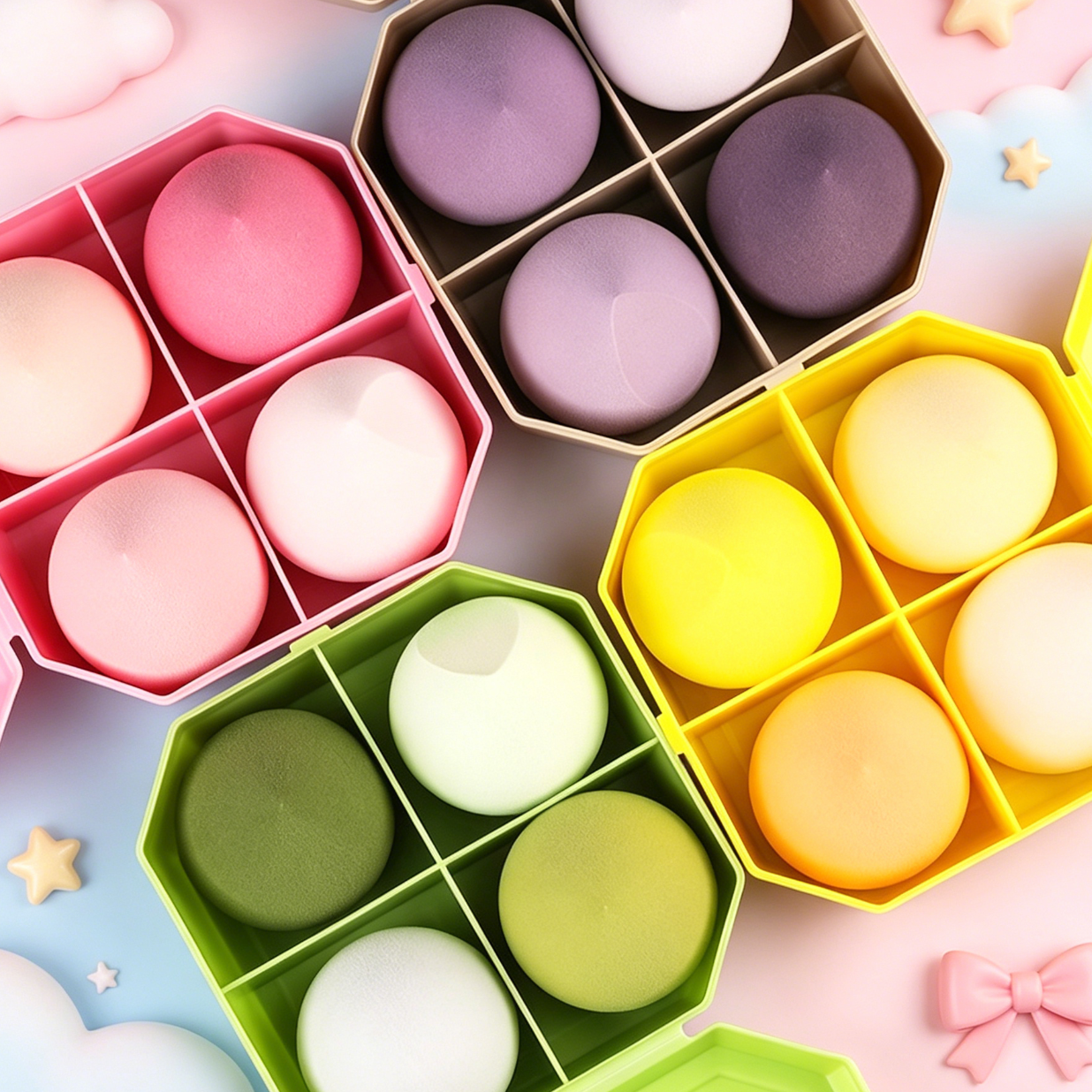 Macaron-Colored Round Makeup Sponge Set - Ultra-Soft, Non-Absorbent, Wet & Dry Use with Compartmentalized Storage Box