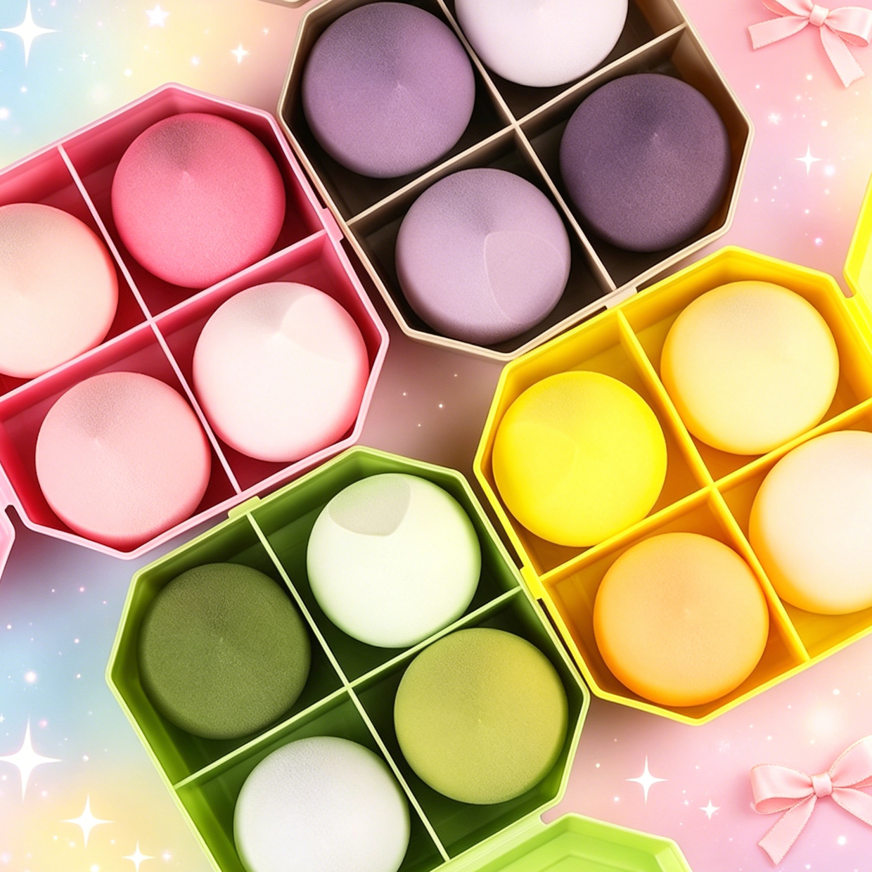 Macaron-Colored Round Makeup Sponge Set - Ultra-Soft, Non-Absorbent, Wet & Dry Use with Compartmentalized Storage Box