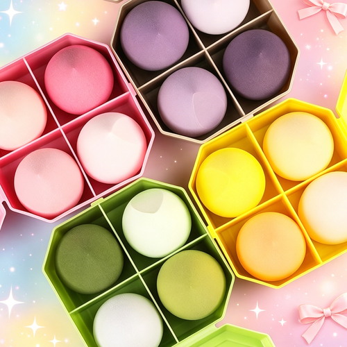 Macaron-Colored Round Makeup Sponge Set - Ultra-Soft, Non-Absorbent, Wet & Dry Use with Compartmentalized Storage Box